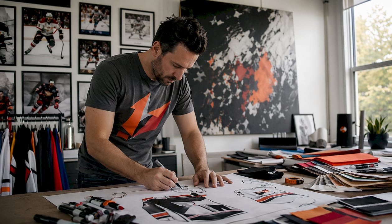 Designer sketching custom hockey jersey designs in studio