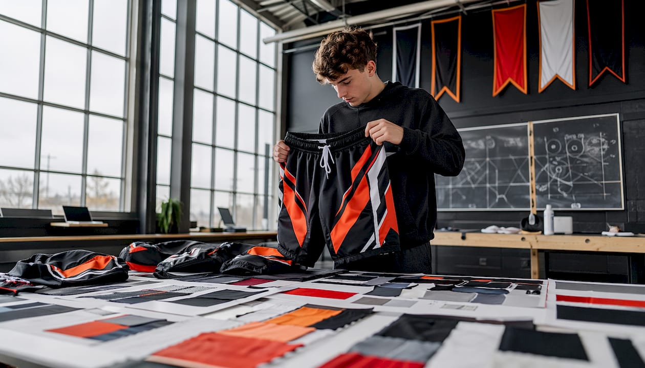 Coach reviewing custom hockey shorts samples