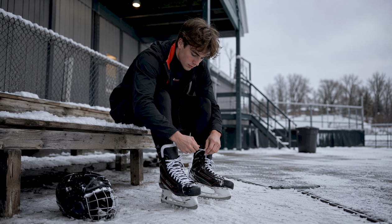 Hockey player lacing skates in rink hallway