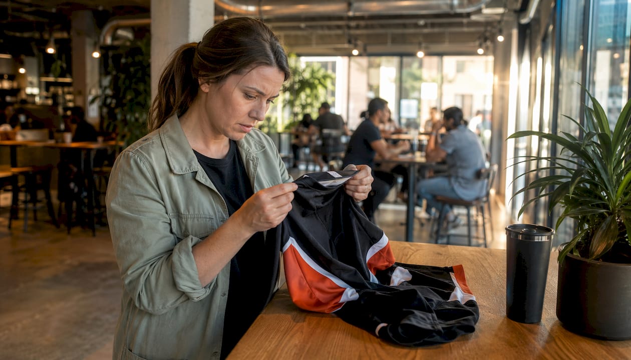 Parent inspecting youth sports apparel fabric label