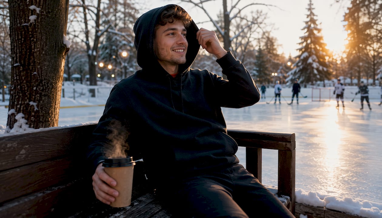 Hockey fan wearing hoodie near ice rink seating