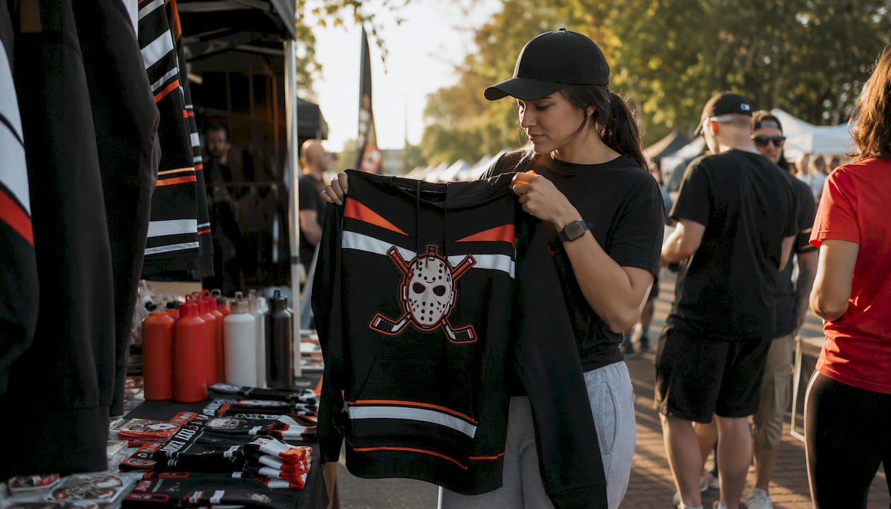 Woman inspecting limited edition hockey hoodie in store