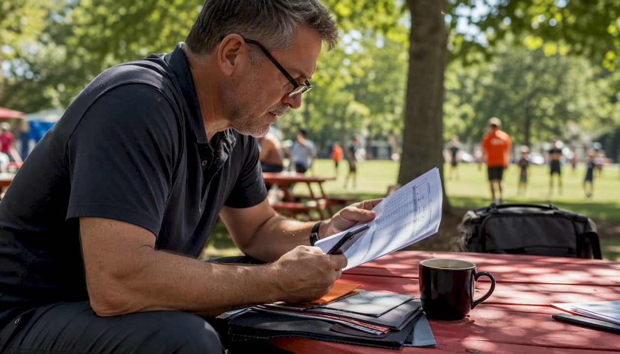 Coach reviewing team apparel order at laptop