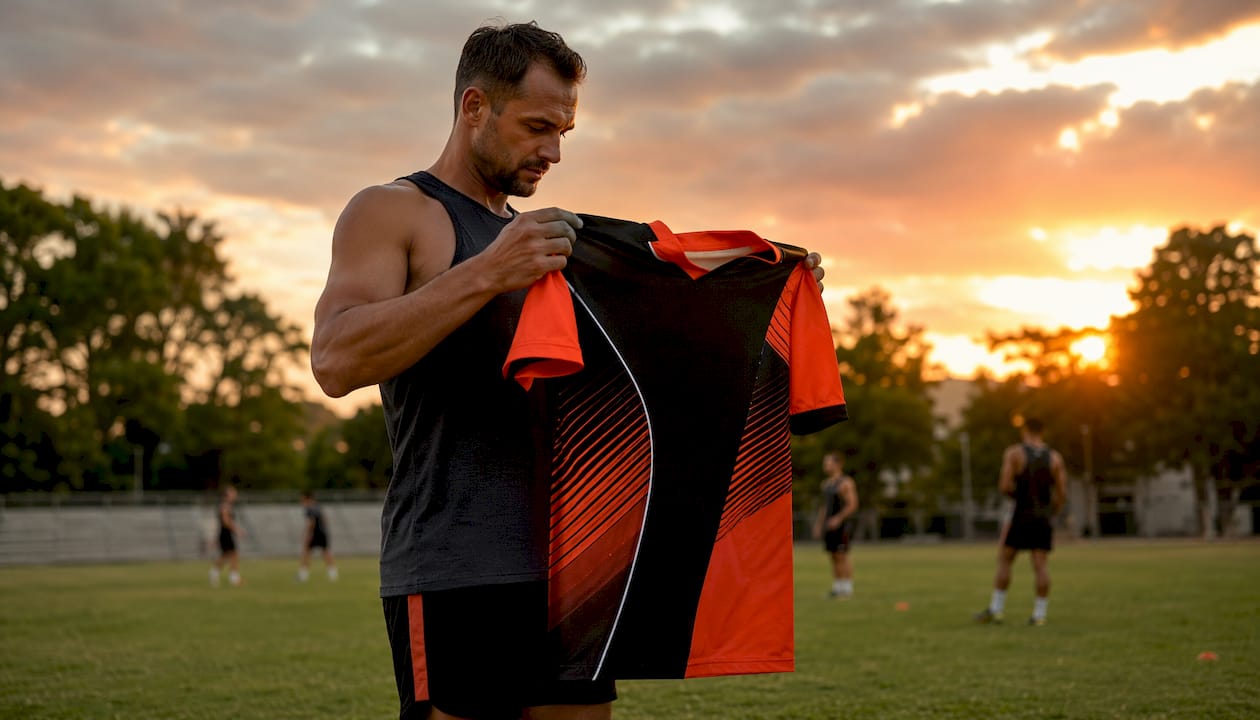 Coach examining professional team jersey in locker room