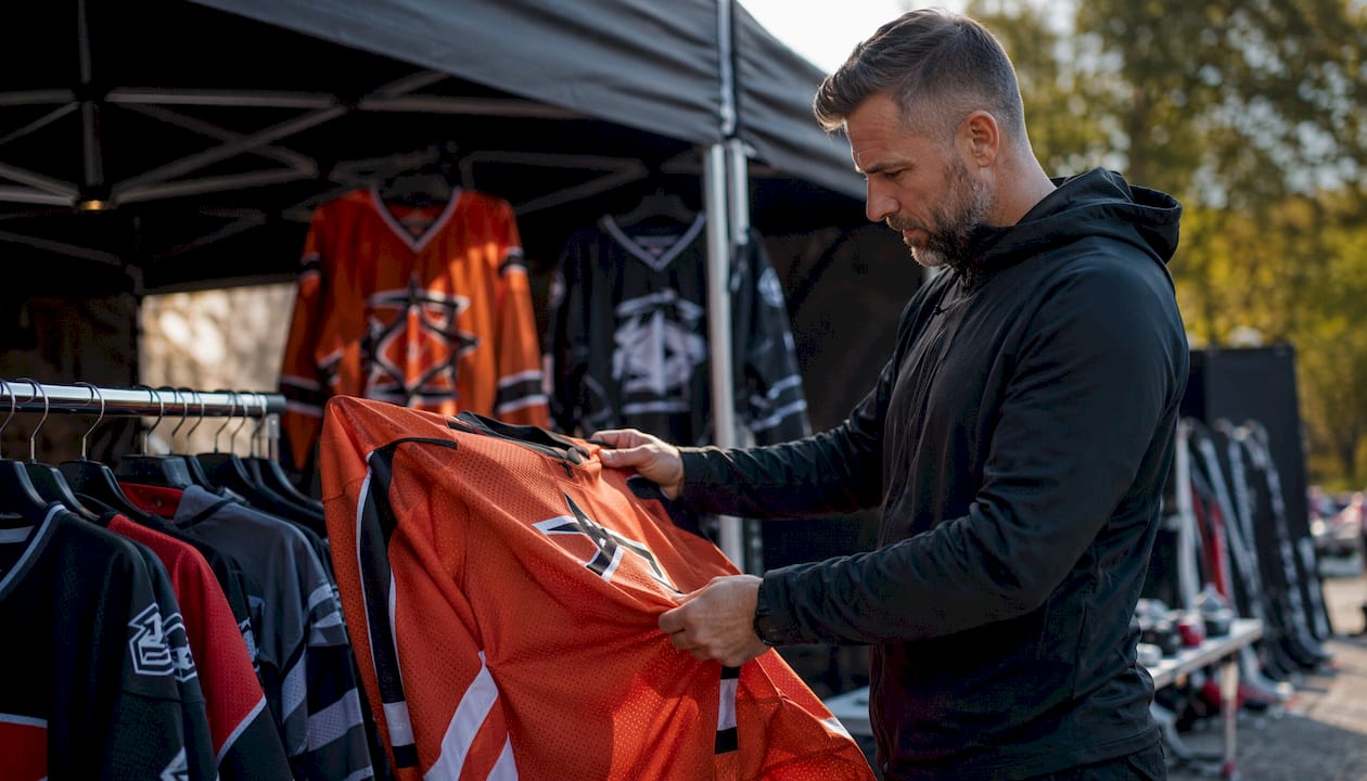 Coach examining custom hockey jersey materials