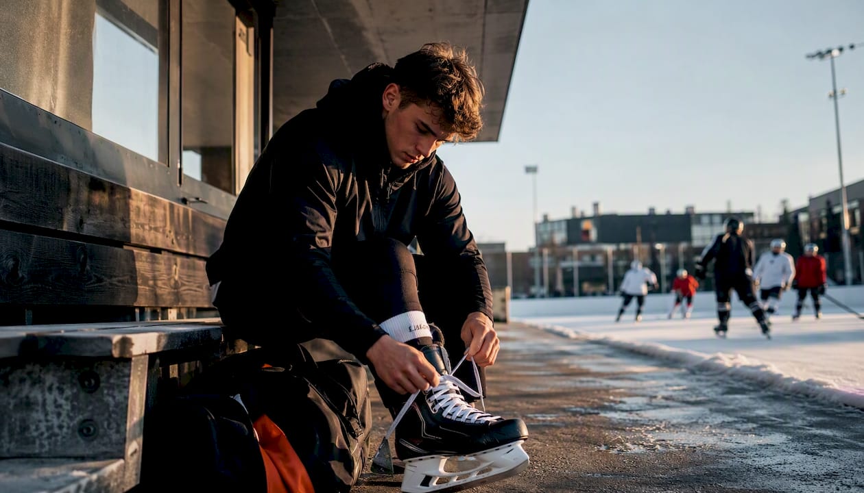Hockey player tying skates in training hoodie