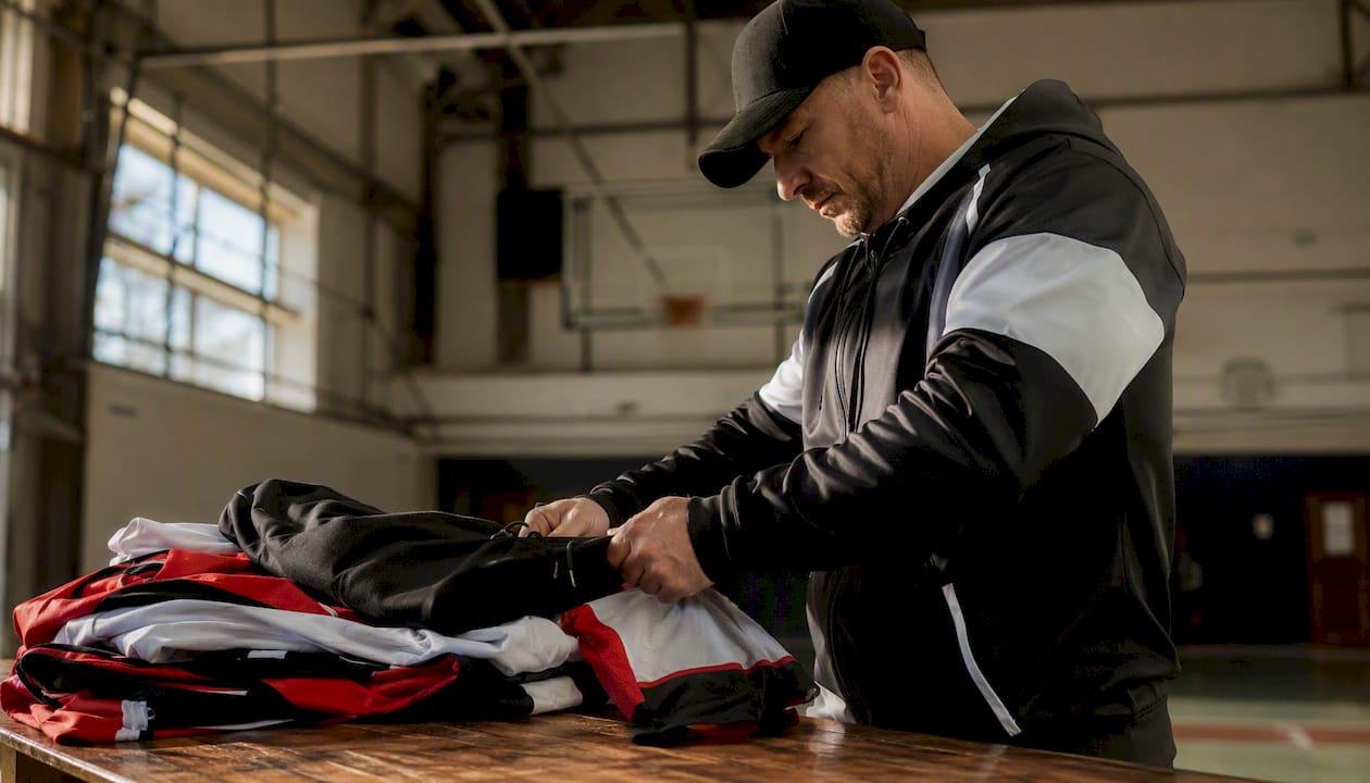 Youth hockey coach inspecting team apparel