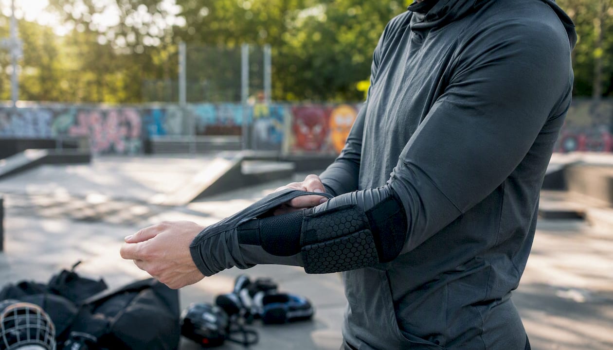 Hockey player adjusting size-inclusive hoodie