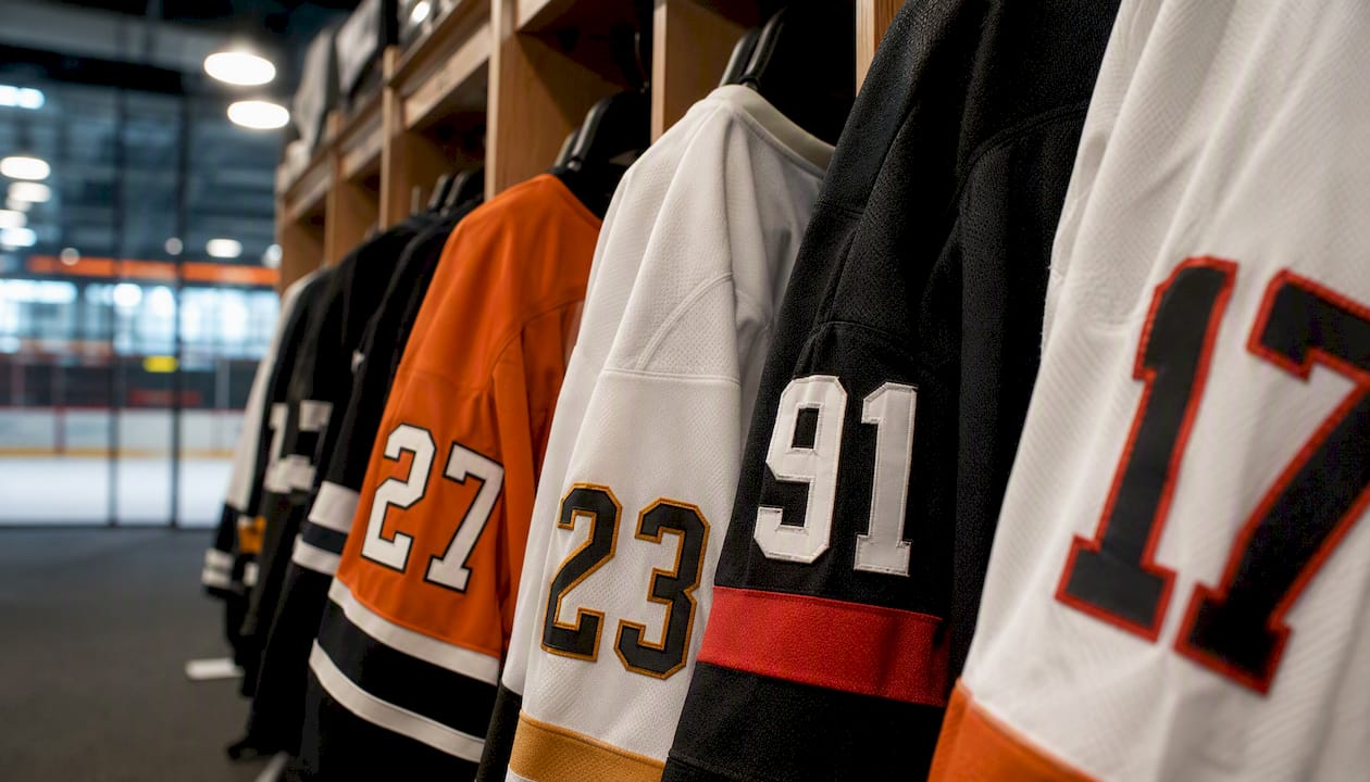 Hockey uniforms with color combinations on rack