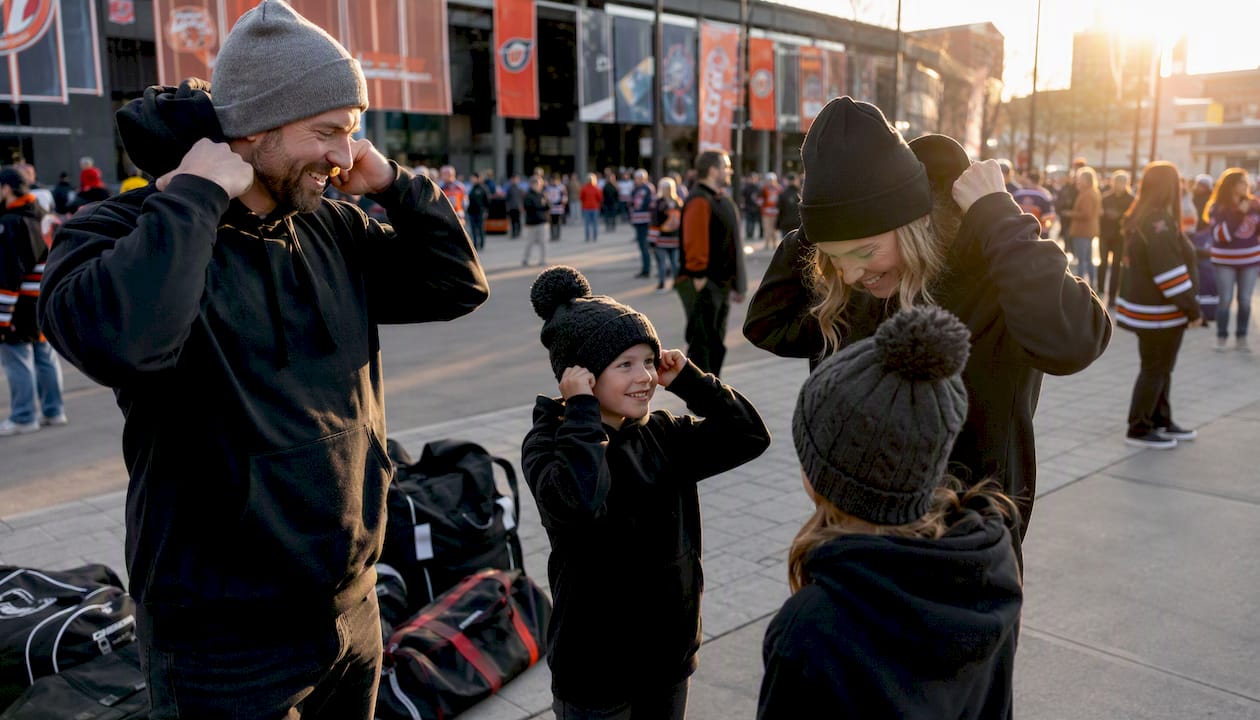 Hockey family putting on matching hoodies before game