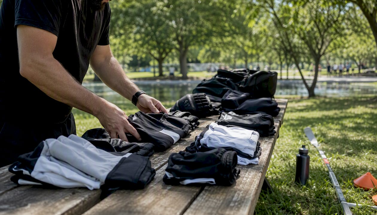 Coach sorting hockey apparel into piles