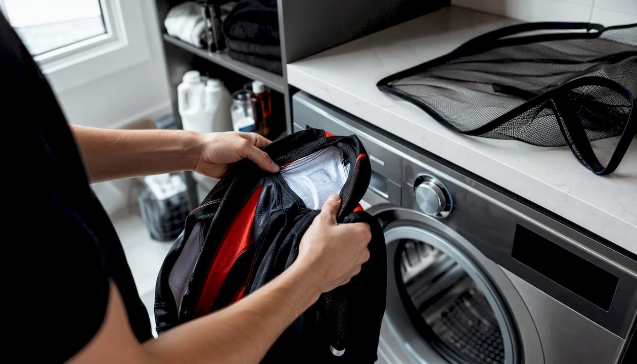 Hands turning hockey jersey inside out washing machine