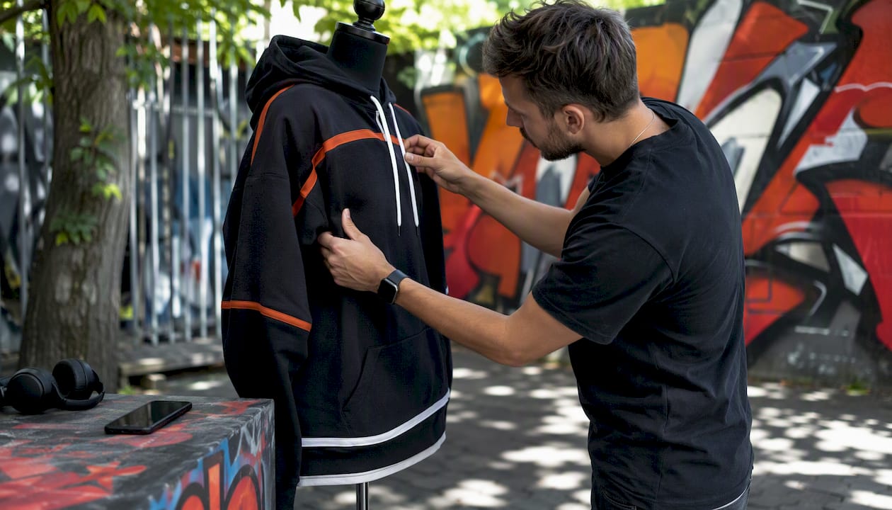 Creator adjusting hockey hoodie on mannequin