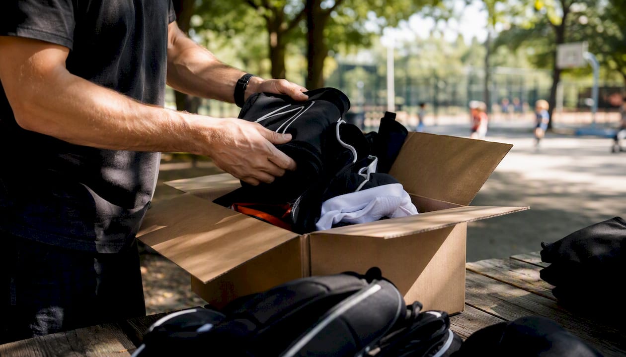 Hands packing hockey fan apparel in box