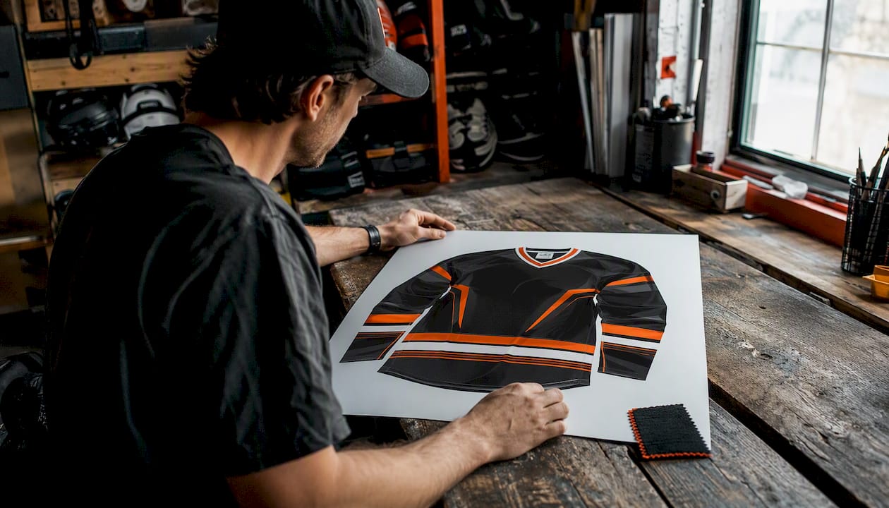 Hands arranging digital apparel mockup on table