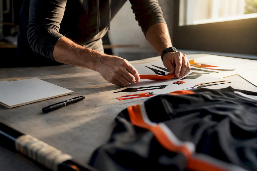 Hands arranging logo elements near hockey jersey fabric
