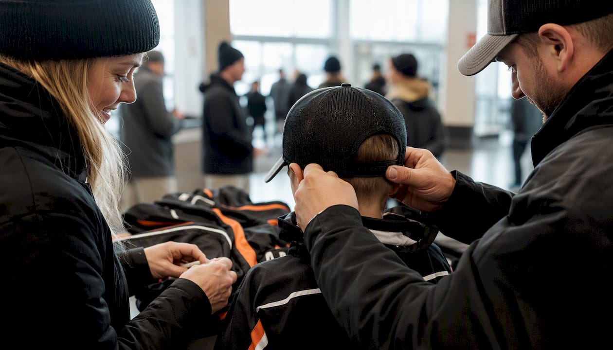 Family adjusting coordinated hockey apparel