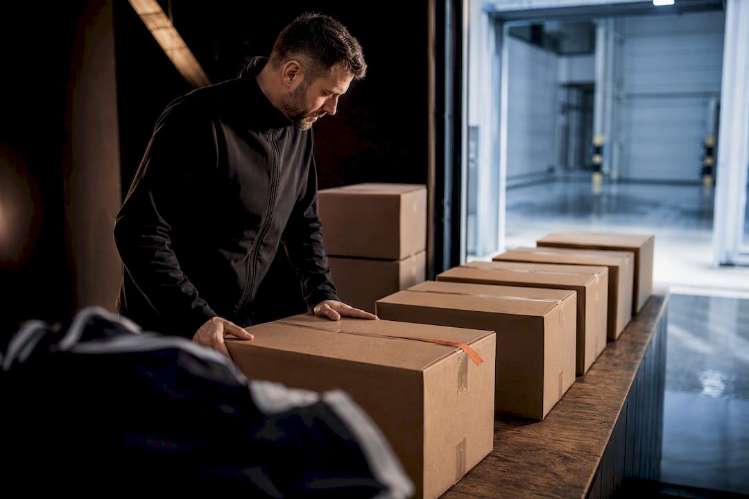 Manager reviewing staged hockey apparel shipment