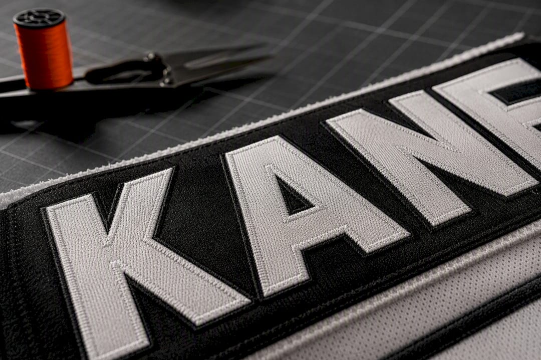Close-up of stitched block jersey lettering