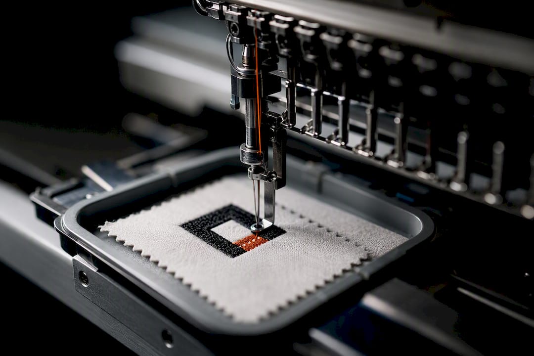 Embroidery needle stitching a logo sample