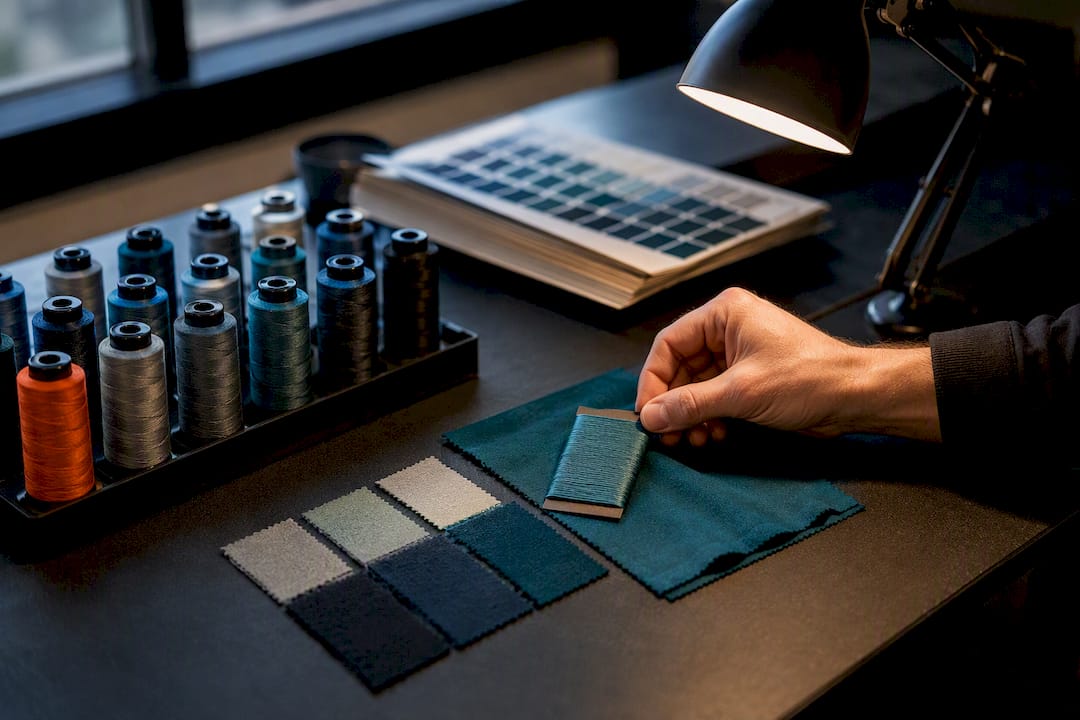Thread spools compared with fabric color swatches