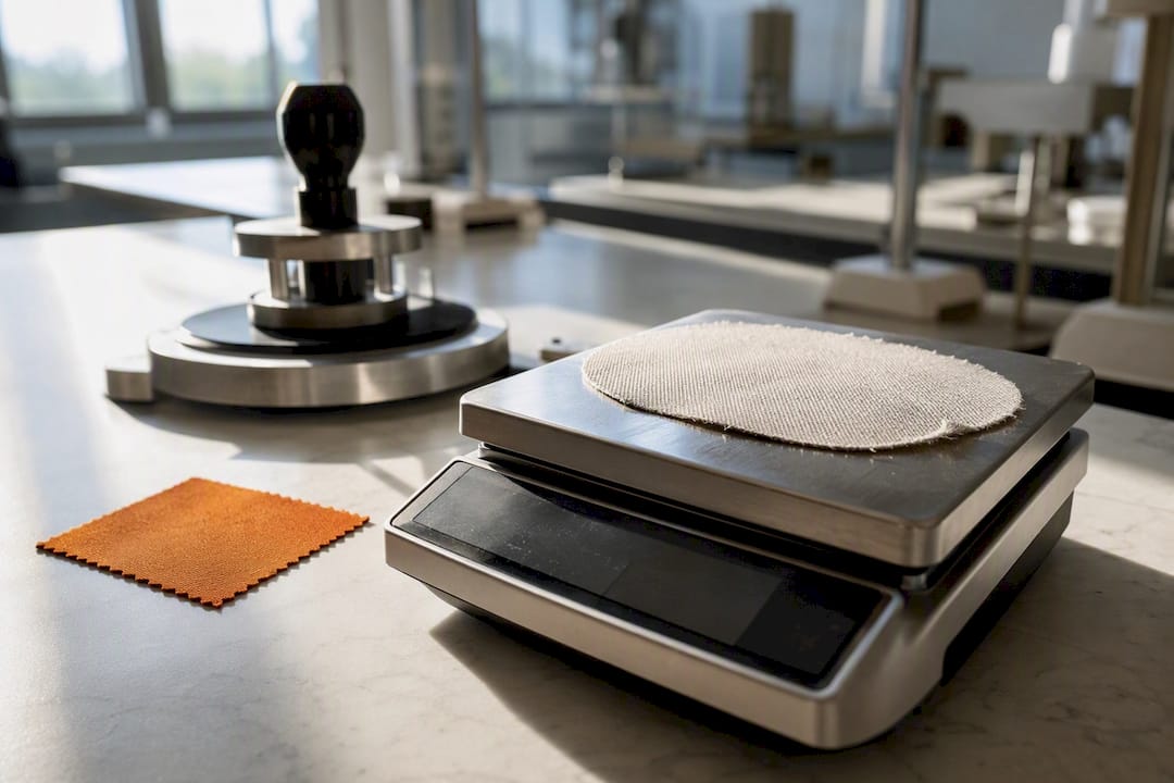 Fabric sample being weighed for GSM