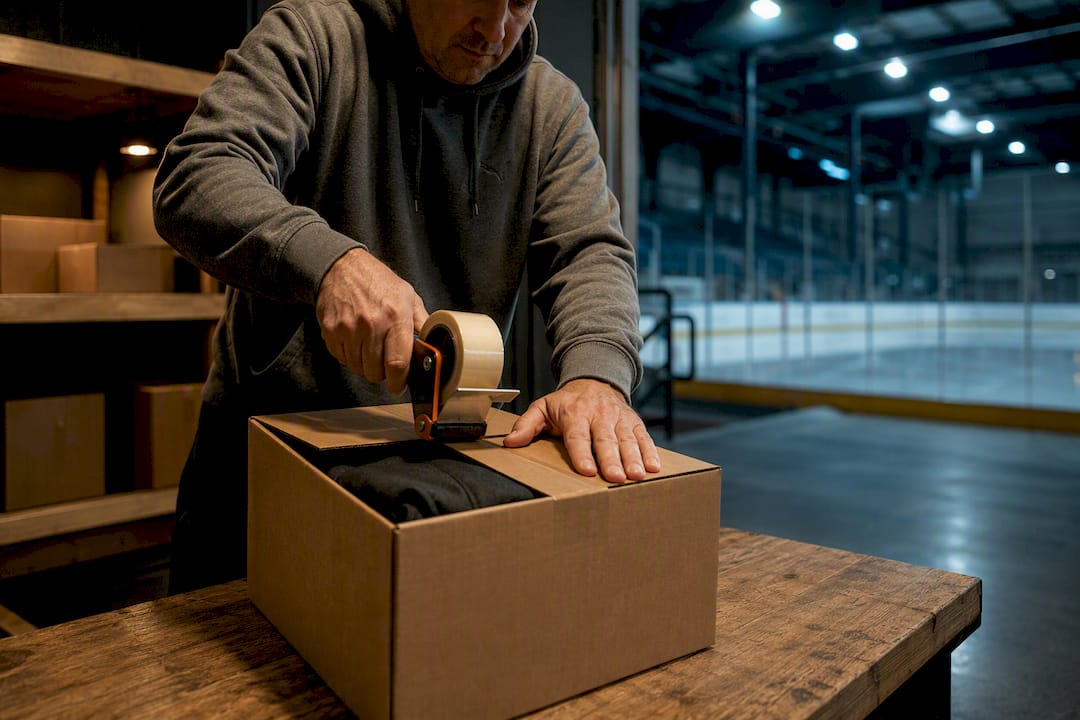 Manager sealing rush hockey apparel shipment
