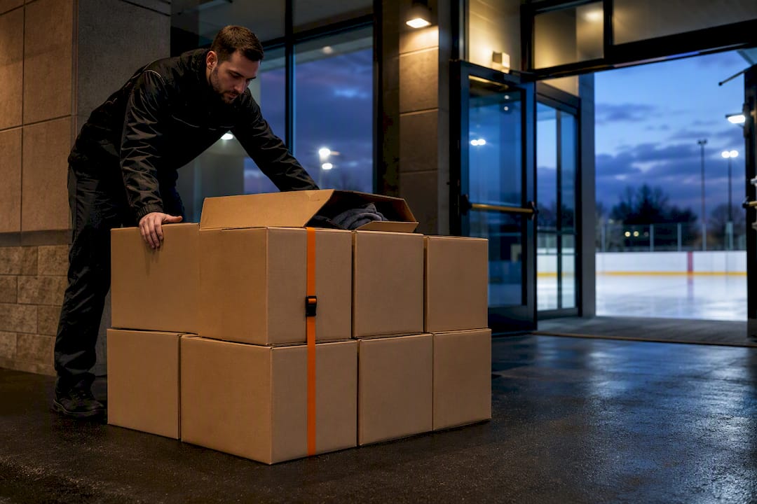 Consolidated team cartons outside a rink