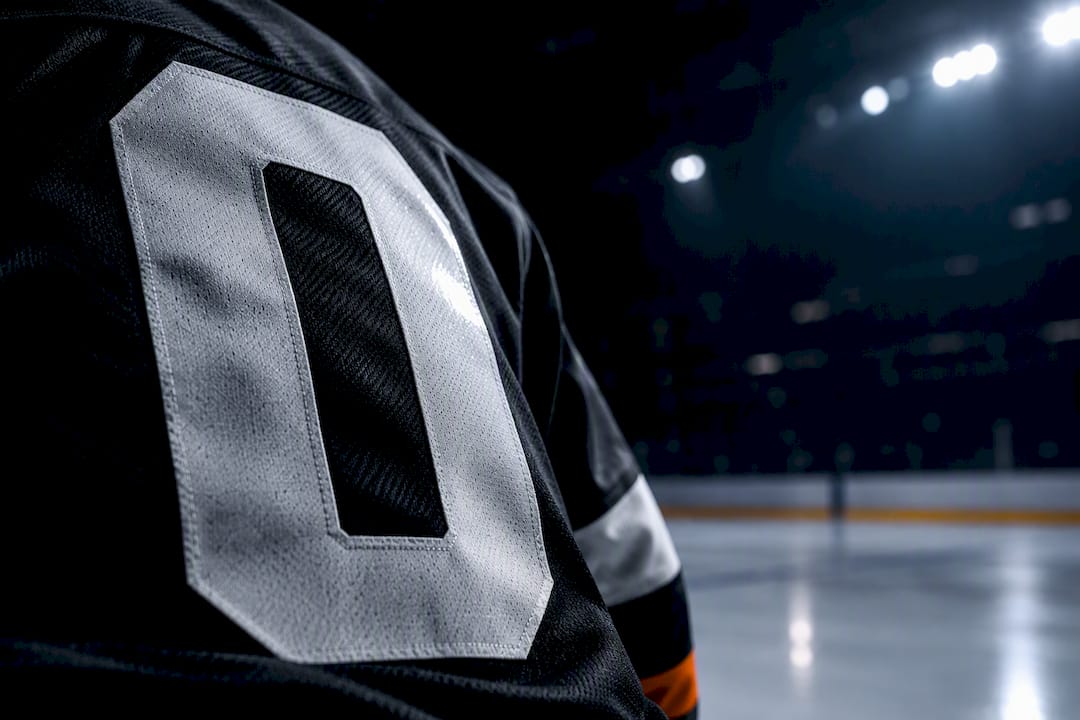 Contrasting hockey jersey numeral under rink lighting