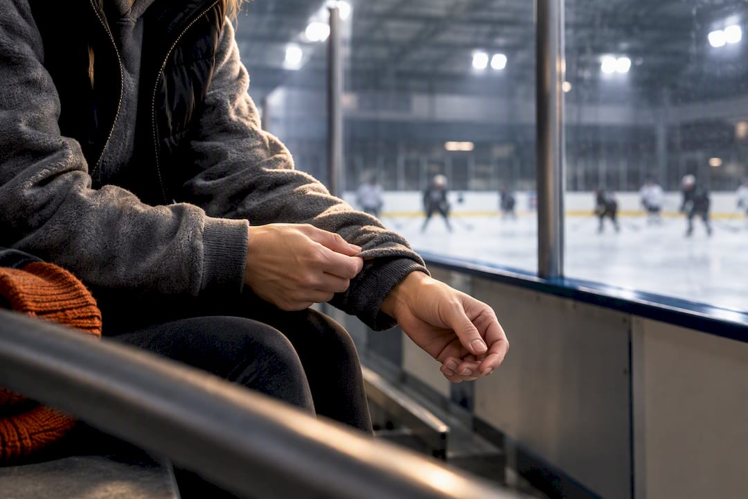 Hockey parent layering up beside rink