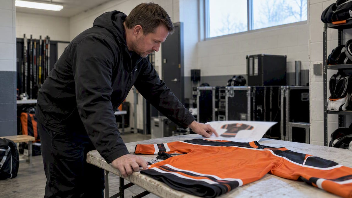 Coach reviewing a custom hockey jersey proof