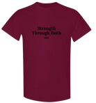 Youth Strength Through Faith hockey T-shirt by RNK Apparel Co., 100% cotton graphic tee featuring faith-based design.
