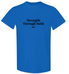 Youth Strength Through Faith hockey T-shirt by RNK Apparel Co., 100% cotton graphic tee featuring faith and hockey themes.
