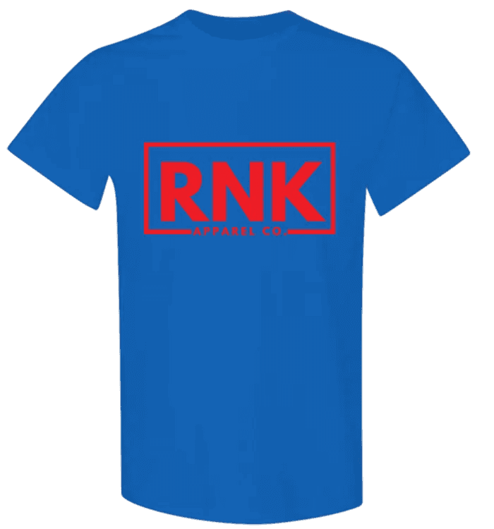 Red youth cotton T-shirt with RNK logo graphic by cmgvd2nmw00acoj0juazl4l2x, front view showing design and fit.