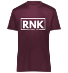 RNK adult unisex athletic performance polyester T-shirt displayed on a hanger, showcasing a sleek, fitted design for active wear.