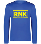 RNK Adult Performance Long Sleeve T-Shirt for hockey training, lightweight and breathable, in black with RNK Apparel Co. branding.