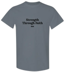Youth Strength Through Faith hockey T-shirt by RNK Apparel Co., 100% cotton graphic tee with inspiring design.