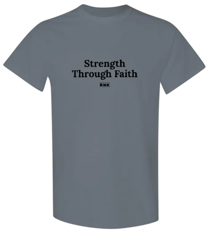 Youth Strength Through Faith hockey T-shirt by RNK Apparel Co., 100% cotton graphic tee with inspiring design.