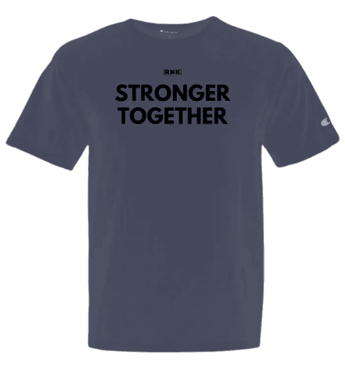 Unisex Champion T-shirt by cmgvd2nmw00acoj0juazl4l2x, garment dyed, with "Stronger Together" graphic on front.