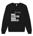 Unisex RNK Apparel Co. fleece crewneck sweatshirt with coffee Rink Repeat graphic, cozy sweatshirt with bold print design.