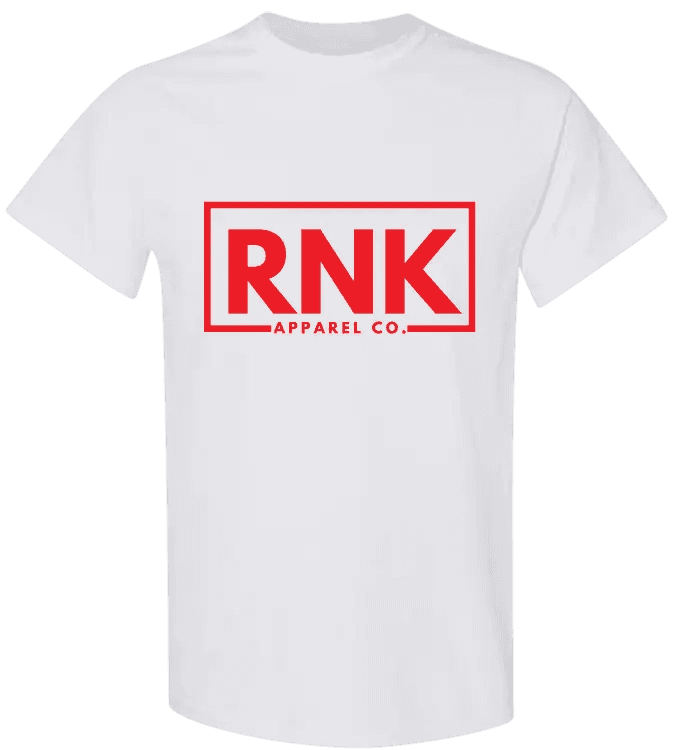 Red youth cotton T-shirt with RNK logo graphic by cmgvd2nmw00acoj0juazl4l2x, showing front view and vibrant color.