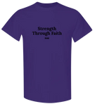 Youth Strength Through Faith hockey T-shirt by RNK Apparel Co., 100% cotton graphic tee featuring faith-themed design.