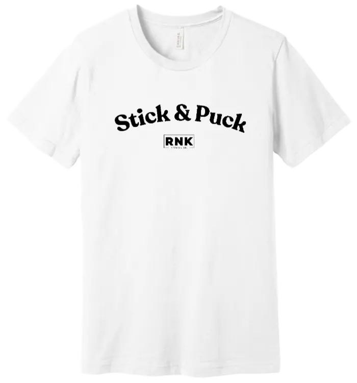 Youth Stick & Puck Hockey T-Shirt by RNK Apparel Co., 100% cotton graphic tee with hockey-themed design on the front.