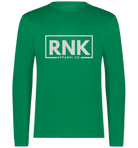 Unisex navy blue performance long sleeve T-shirt by RNK Apparel Co. made of 100% polyester, designed for active wear.