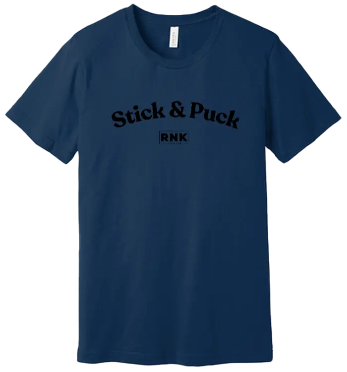 Youth RNK Apparel Co. hockey T-shirt with graphic design, 100% cotton, featuring a stick and puck hockey theme for kids.