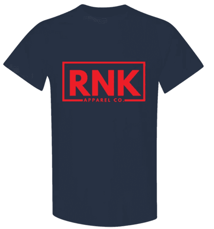Red youth cotton T-shirt with RNK logo graphic by cmgvd2nmw00acoj0juazl4l2x, front view showing bold logo design.