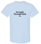 Youth Strength Through Faith hockey T-shirt by RNK Apparel Co., 100% cotton graphic tee featuring faith and sports design.