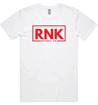 Unisex adult T-shirt by RNK Apparel Co. in 100% combed cotton, showing a plain white shirt on a mannequin.