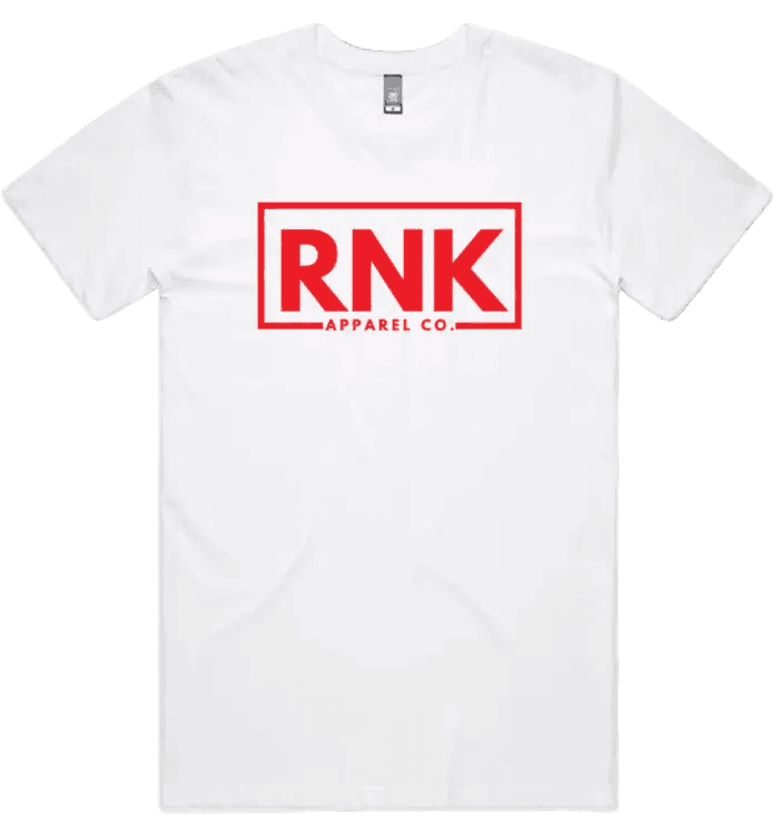 Unisex adult T-shirt by RNK Apparel Co. in 100% combed cotton, showing a plain white shirt on a mannequin.