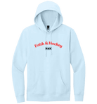 Faith & Hockey unisex hoodie by cmgvd2nmw00acoj0juazl4l2x, showing front view with hood, logo design, and soft cotton-poly fabric.